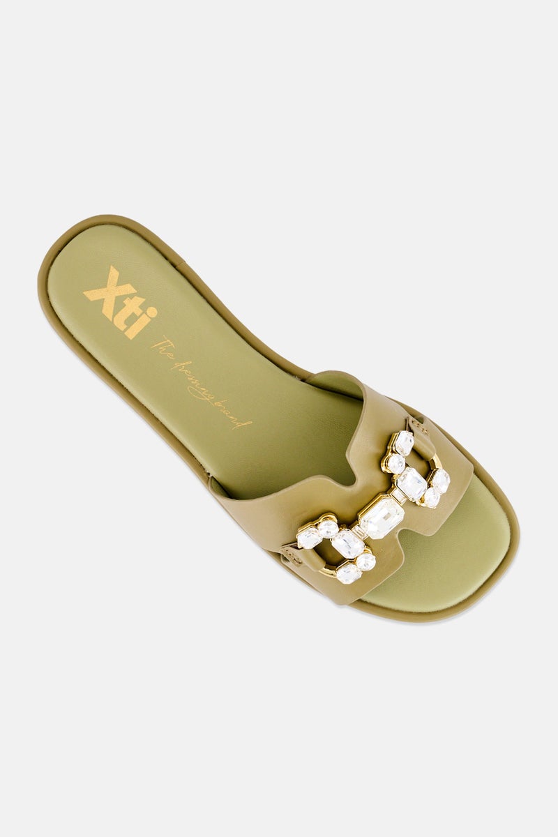 Xti Women Brand logo Slip On Flats, Olive - Image 2