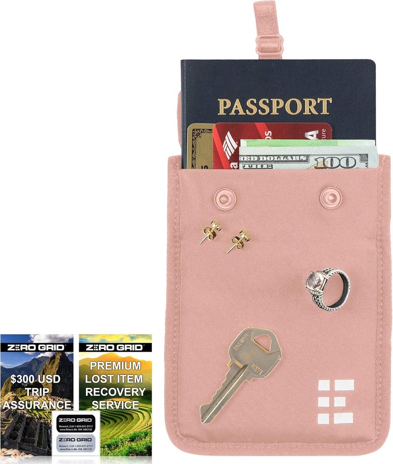 Zero Grid Hidden Bra Wallet - Travel Pouch and Secret Pocket for Passport, Money, Credit Cards - Undercover Stash for All Bra Sizes - Secure, Comfortable, Machine Washable - Pink - Image 1