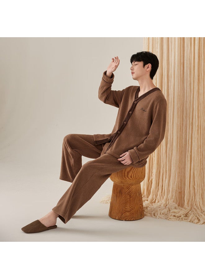 Top melon Dingguagua Dingguagua Men's Autumn Winter Thickened Yangmei Velvet V-neck Wearable Homewear Set Milk Tea Brown 175 - Image 2