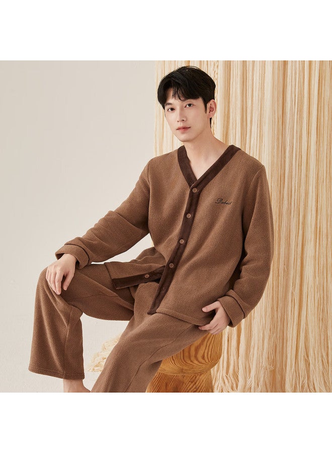 Top melon Dingguagua Dingguagua Men's Autumn Winter Thickened Yangmei Velvet V-neck Wearable Homewear Set Milk Tea Brown 175 - Image 1