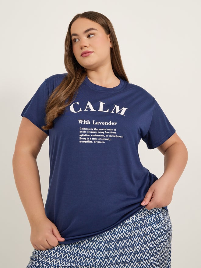 Styli Styli Unwind Plus Size Calm Slogan Print T-Shirt and Aztec Print Pyjama Set  - Image 2