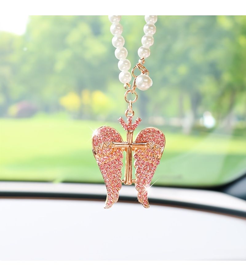 White Crystal Angel Wings Rearview Mirror Pendant Car Decor Hanging Accessory - Image 5