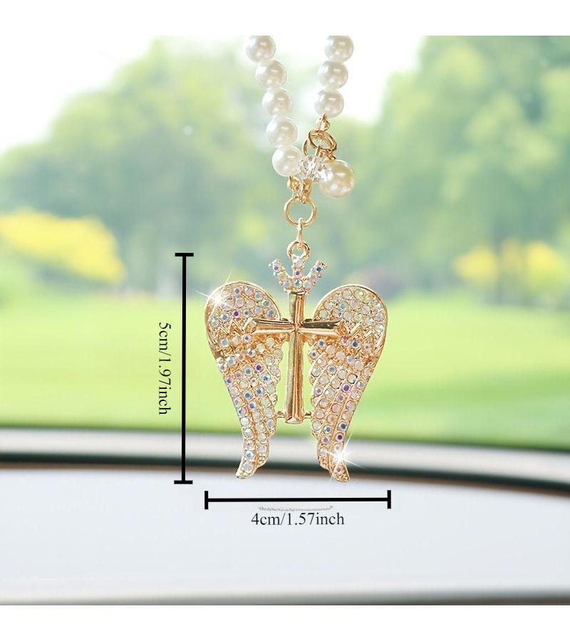 White Crystal Angel Wings Rearview Mirror Pendant Car Decor Hanging Accessory - Image 4