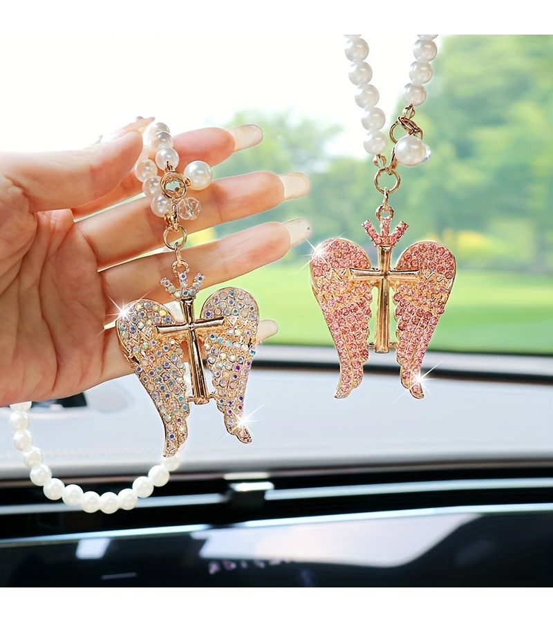White Crystal Angel Wings Rearview Mirror Pendant Car Decor Hanging Accessory - Image 2