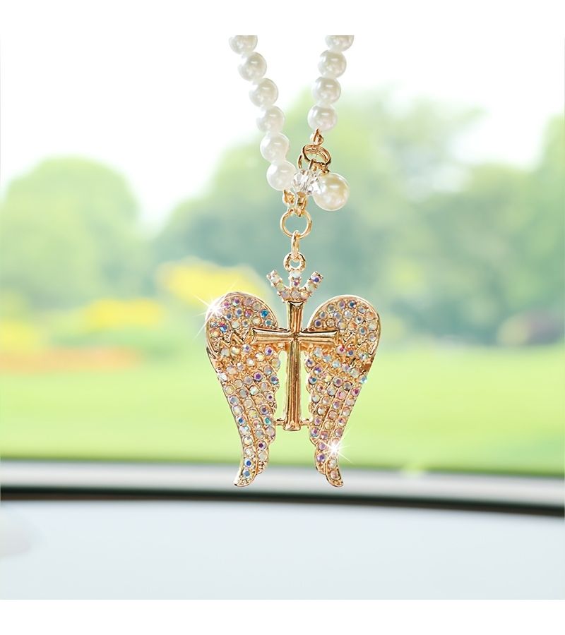 White Crystal Angel Wings Rearview Mirror Pendant Car Decor Hanging Accessory - Image 3