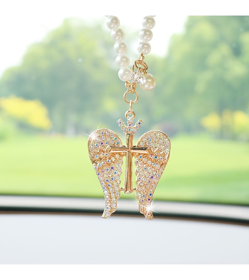 White Crystal Angel Wings Rearview Mirror Pendant Car Decor Hanging Accessory - Image 1