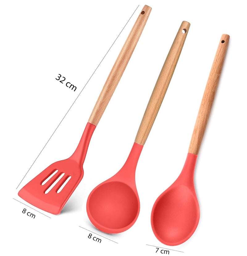 FS COOL Set of 3 Silicone Cookware Wood Handle Nonstick Cookware Heat Resistant Cookware Solid Spoon Soup Ladle Slotted Turner Perfect for Baking Cooking Mixing and Serving Red Colour - Image 2