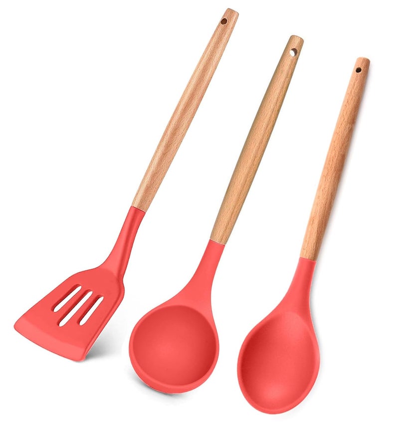 FS COOL Set of 3 Silicone Cookware Wood Handle Nonstick Cookware Heat Resistant Cookware Solid Spoon Soup Ladle Slotted Turner Perfect for Baking Cooking Mixing and Serving Red Colour - Image 1