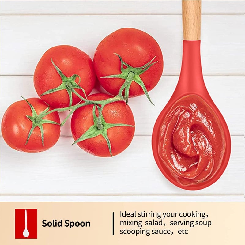 FS COOL Set of 3 Silicone Cookware Wood Handle Nonstick Cookware Heat Resistant Cookware Solid Spoon Soup Ladle Slotted Turner Perfect for Baking Cooking Mixing and Serving Red Colour - Image 3