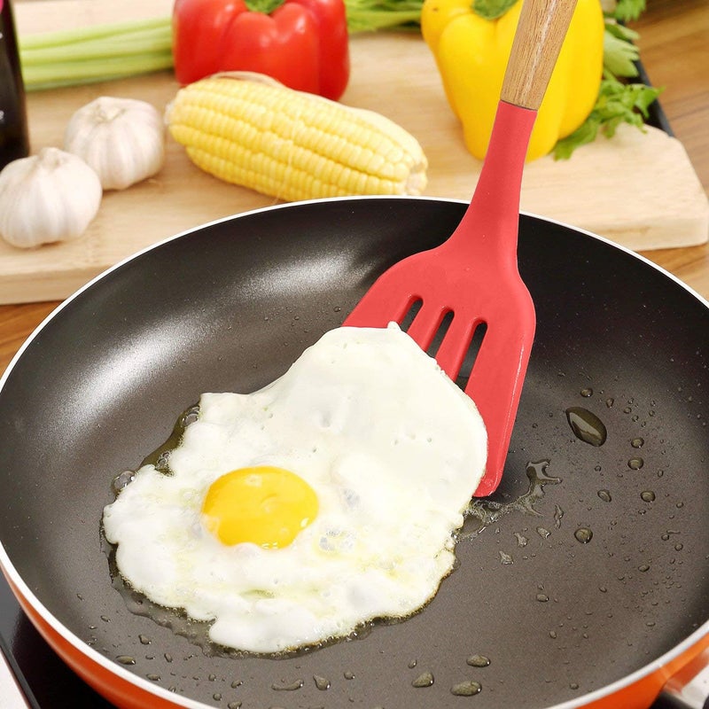 FS COOL Set of 3 Silicone Cookware Wood Handle Nonstick Cookware Heat Resistant Cookware Solid Spoon Soup Ladle Slotted Turner Perfect for Baking Cooking Mixing and Serving Red Colour - Image 5