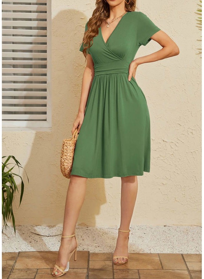 WEACZZY Women's Summer Short Sleeve Casual Dresses V-Neck Floral Party Dress with Pockets, Army Green, L - Image 3