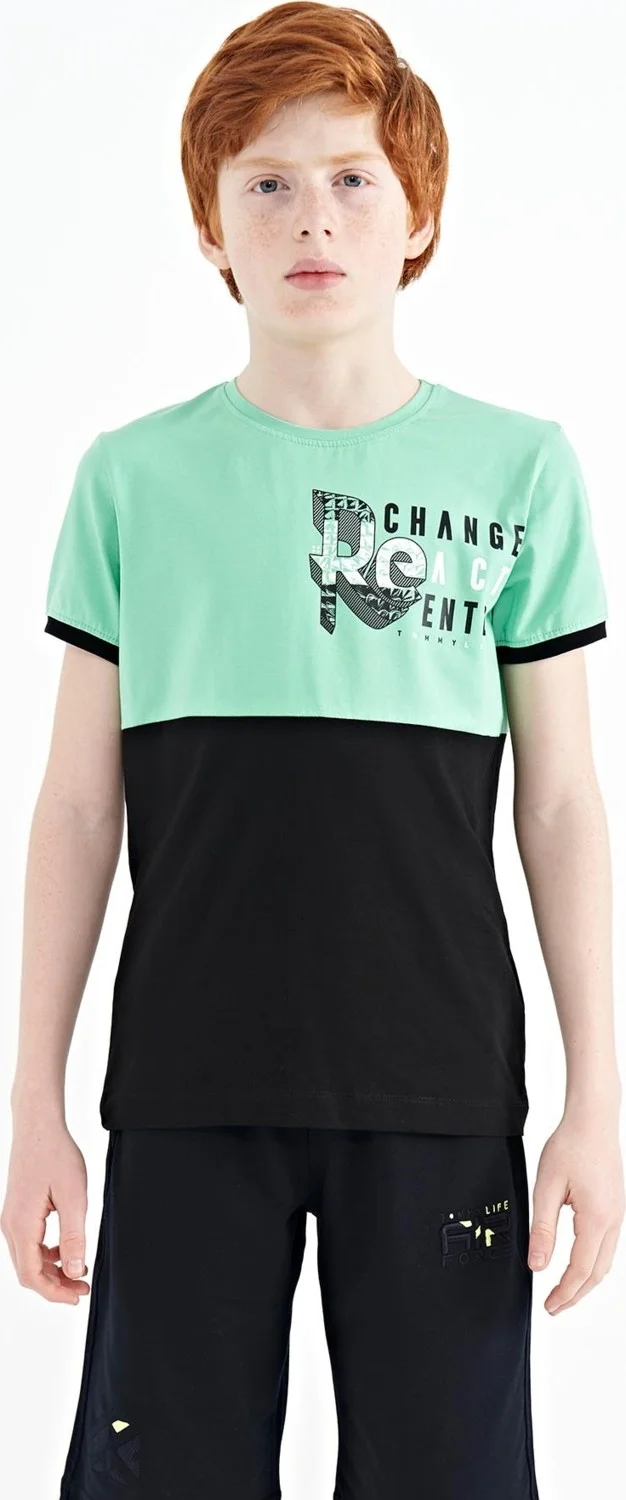 Tommy Life Aqua Green Print Detailed Color Block Standard Pattern O Neck Boy T-Shirt - 11107