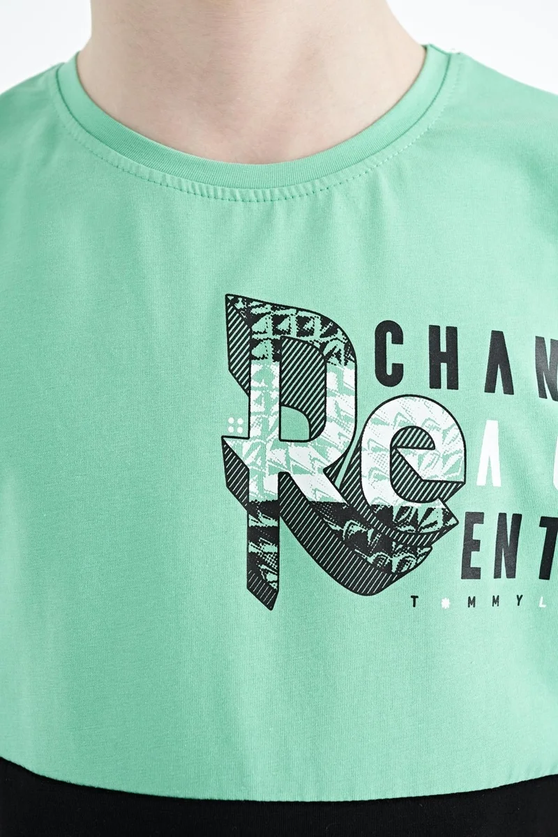 Tommy Life Aqua Green Print Detailed Color Block Standard Pattern O Neck Boy T-Shirt - 11107