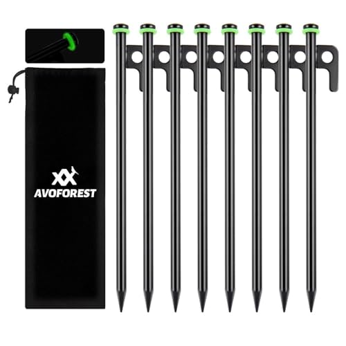 AVOFOREST 8Inch Heavy Duty Tent Stakes,8 PCS Tent Pegs Metal+Fluorescent Silicone Rings+ Storage Bag for Camping - Image 1