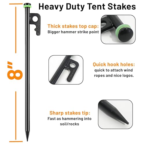 AVOFOREST 8Inch Heavy Duty Tent Stakes,8 PCS Tent Pegs Metal+Fluorescent Silicone Rings+ Storage Bag for Camping - Image 3