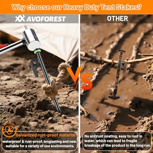 AVOFOREST 8Inch Heavy Duty Tent Stakes,8 PCS Tent Pegs Metal+Fluorescent Silicone Rings+ Storage Bag for Camping - Image 2