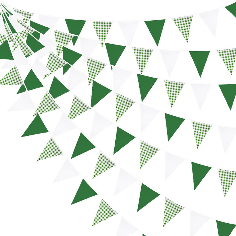 pinkblume 32Ft Green Party Decorations Green Buffalo Plaid Checkered White Triangle Flag Gingham Pennant Bunting Fabric Garland For Wedding Birthday Picnic Bbq Outdoor Golf Party Dinosaur Arbor Day Decorations - Image 1
