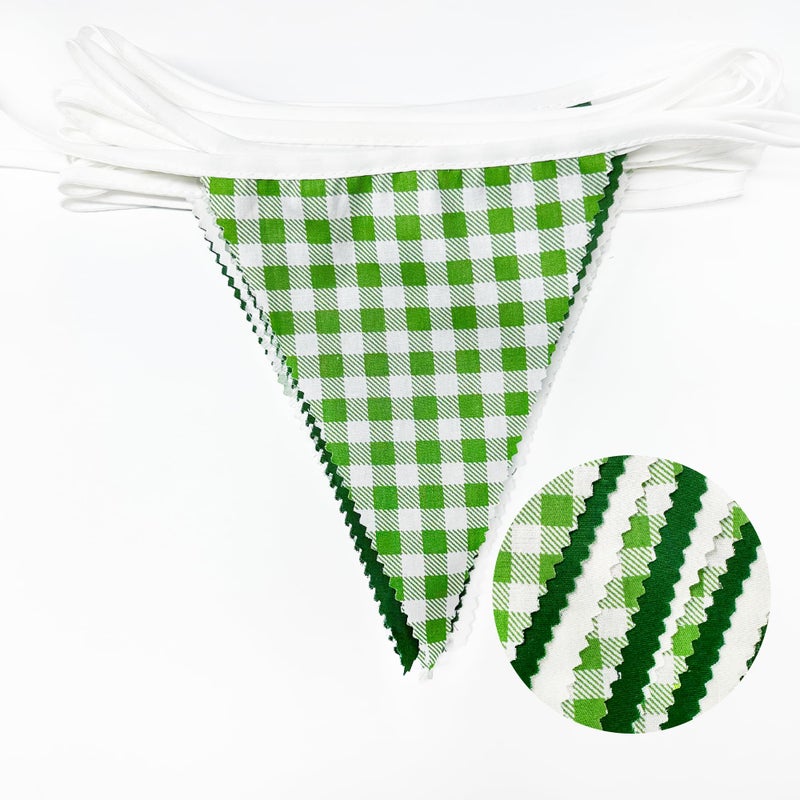 pinkblume 32Ft Green Party Decorations Green Buffalo Plaid Checkered White Triangle Flag Gingham Pennant Bunting Fabric Garland For Wedding Birthday Picnic Bbq Outdoor Golf Party Dinosaur Arbor Day Decorations - Image 2