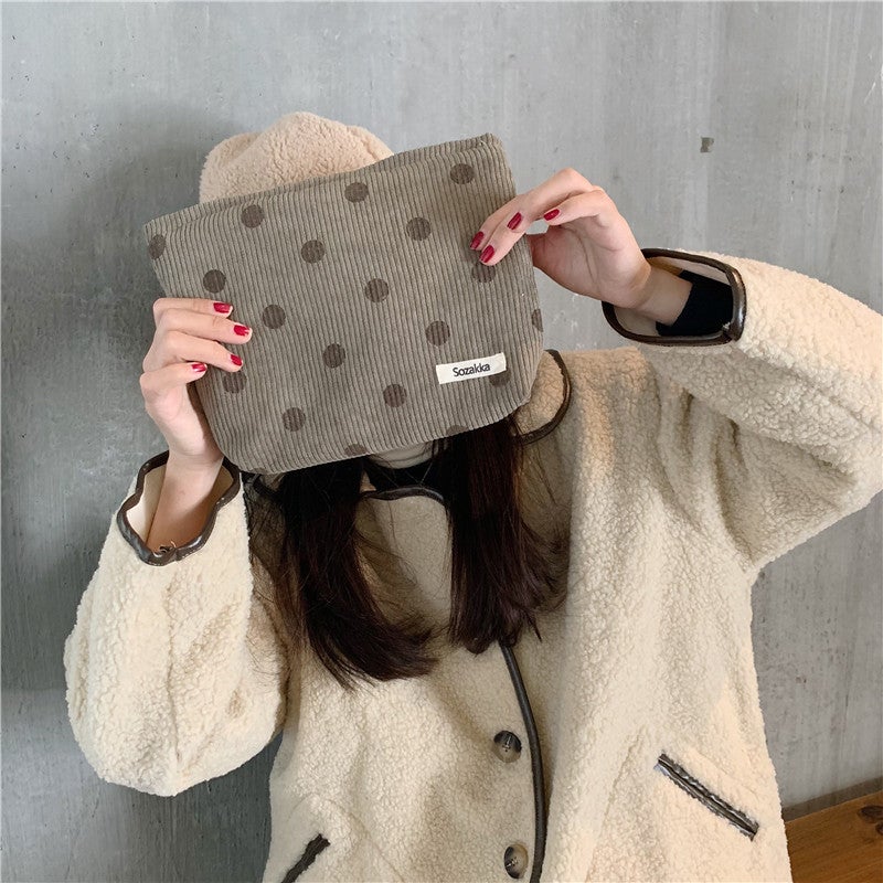 Corduroy Smile Face Makeup Bag Polka Dot Vintage Clutch Pouch gray wave point