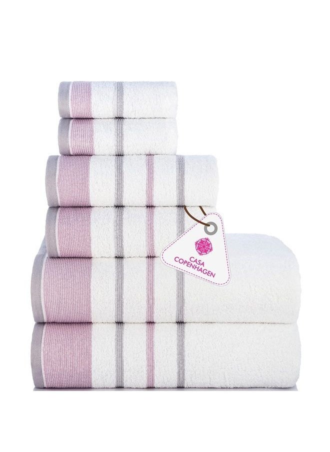CASA COPENHAGEN White Bay 600 GSM Egyptian Cotton Towel for Hotel Spa Kitchen Bathroom, Set of 6, 2Bath, 2Hands, 2Washcloths - White with Lavender and Grey Border  - Image 1