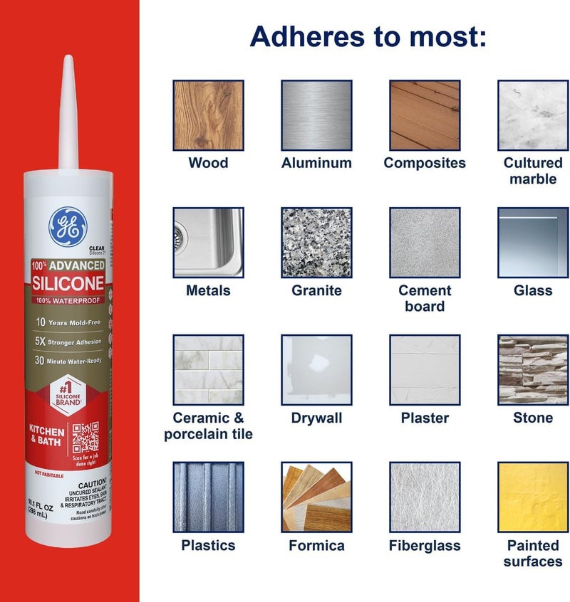 GE Advanced Silicone 2 Caulk for Kitchen & Bath - Clear, 10.1 fl oz - Image 4