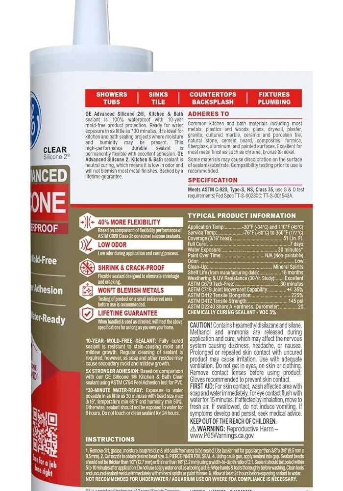GE Advanced Silicone 2 Caulk for Kitchen & Bath - Clear, 10.1 fl oz - Image 2