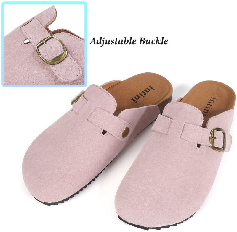 Intini Unisex Suede Leather Clogs Mules Mens Womens Cork Footbed House Slipers with Arch Support and Adjustable Pink - Image 5
