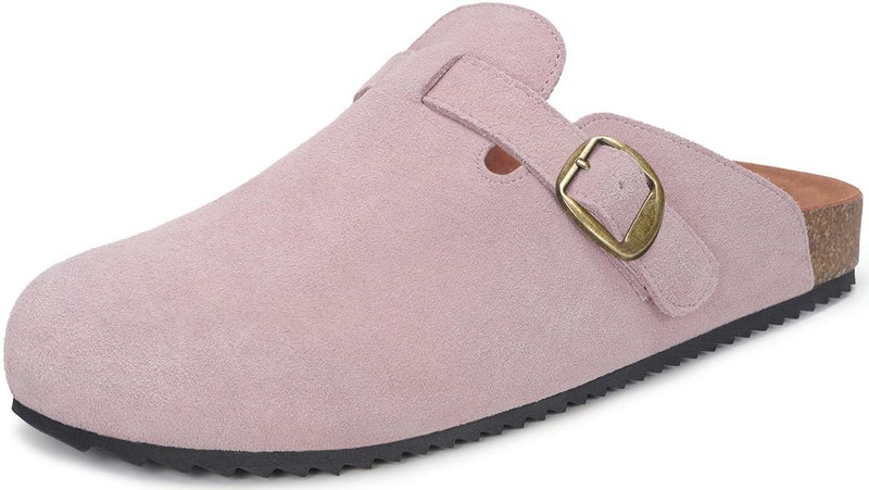 Intini Unisex Suede Leather Clogs Mules Mens Womens Cork Footbed House Slipers with Arch Support and Adjustable Pink - Image 1
