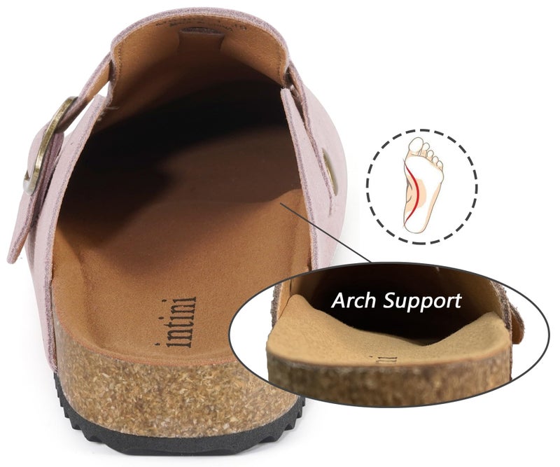 Intini Unisex Suede Leather Clogs Mules Mens Womens Cork Footbed House Slipers with Arch Support and Adjustable Pink - Image 3