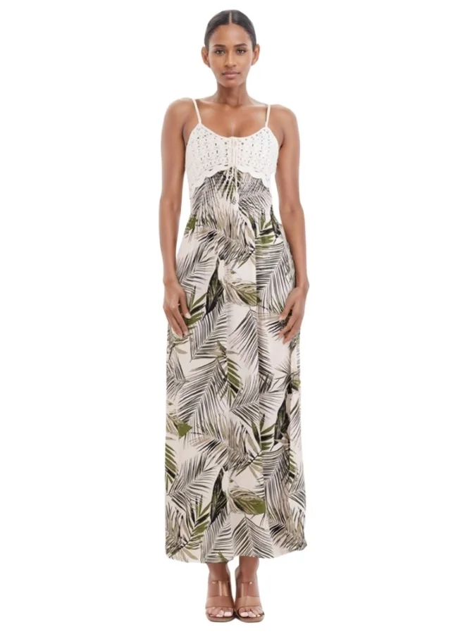 هايليز Spaghetti Strap Crochet Bodice Maxi Dress - Palm Leaf Print