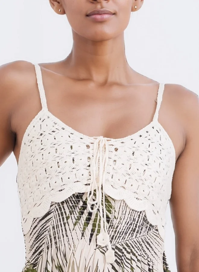 هايليز Spaghetti Strap Crochet Bodice Maxi Dress - Palm Leaf Print