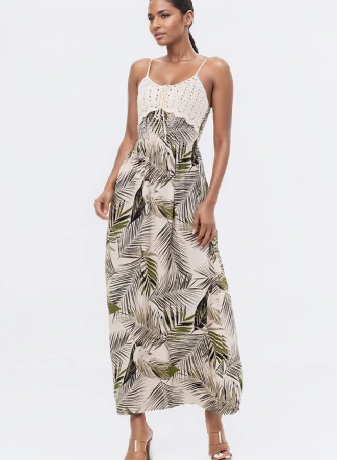 هايليز Spaghetti Strap Crochet Bodice Maxi Dress - Palm Leaf Print