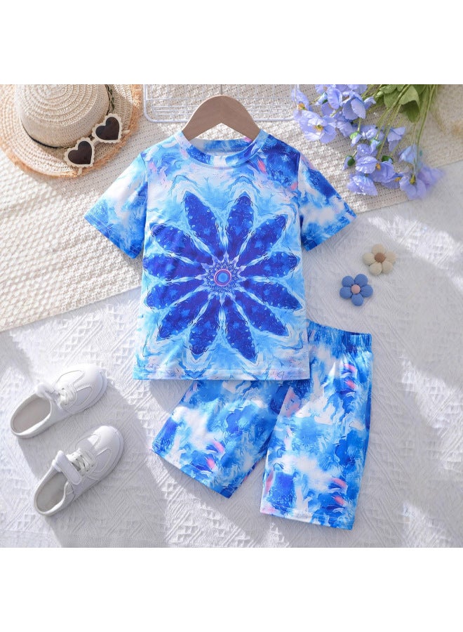 Kidsren And Girls Summer Tie-dye Flower Design Pattern Printed Short-sleeved Tops And Shorts Suits Trendy