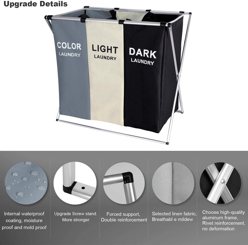 MUGATH MUGATH laundry basket for clothes135L Laundry Clothes Hamper Sorter Basket Bin Foldable 3 Sections with Aluminum Frame Washing Storage Dirty Clothes Bag for Bathroom Bedroom Home 64L38W 59H  - Image 2