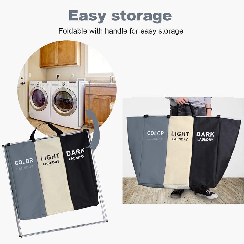 MUGATH MUGATH laundry basket for clothes135L Laundry Clothes Hamper Sorter Basket Bin Foldable 3 Sections with Aluminum Frame Washing Storage Dirty Clothes Bag for Bathroom Bedroom Home 64L38W 59H  - Image 4
