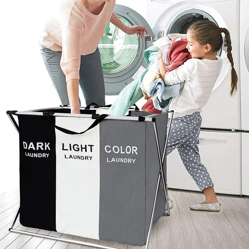 MUGATH MUGATH laundry basket for clothes135L Laundry Clothes Hamper Sorter Basket Bin Foldable 3 Sections with Aluminum Frame Washing Storage Dirty Clothes Bag for Bathroom Bedroom Home 64L38W 59H  - Image 3