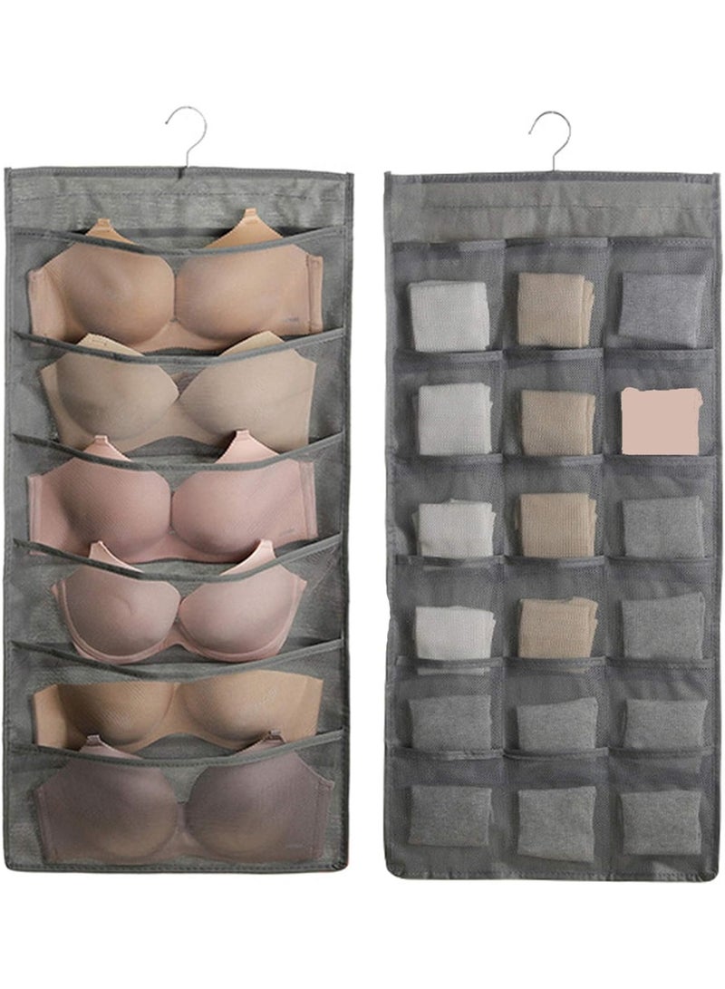 YelaJoy Bra and Underwear Hanging Storage Organizer Mesh Pockets Dual Sided Wall Shelves Space Saver Bag Sock Underpants Drawer Closet Clothes Rack (Gray:(6+18pockets))  - Image 1
