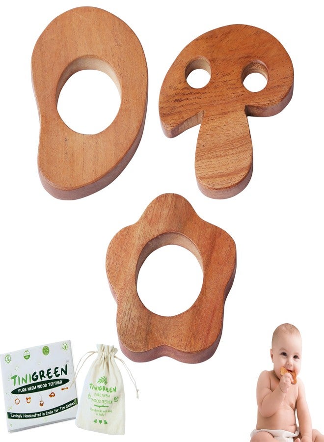 TINIGREEN Mushroom Mango Star Shaped Organic Neem Wood Teether Combo For Baby (Pack of 3),For Baby, Toddler - Image 1