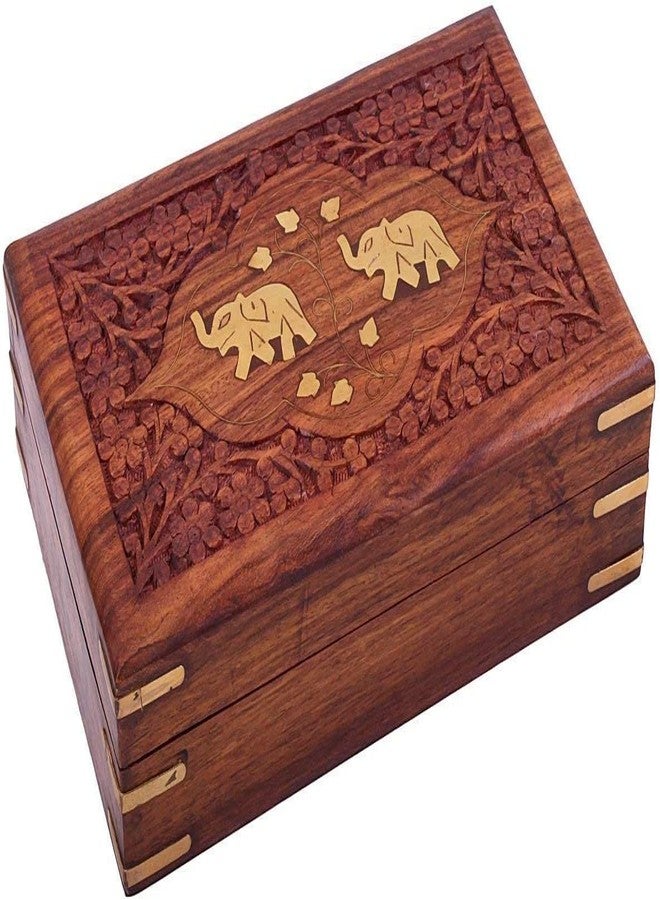 GURU JEE™ Indian Jewelry Holder Elephant Carving Wooden Jewellery Box With Brass Inlay Wooden Trinket Box Wood Jewelry Organizer Keepsake Box Treasure Chest Trinket Holder Storage Box - Image 1