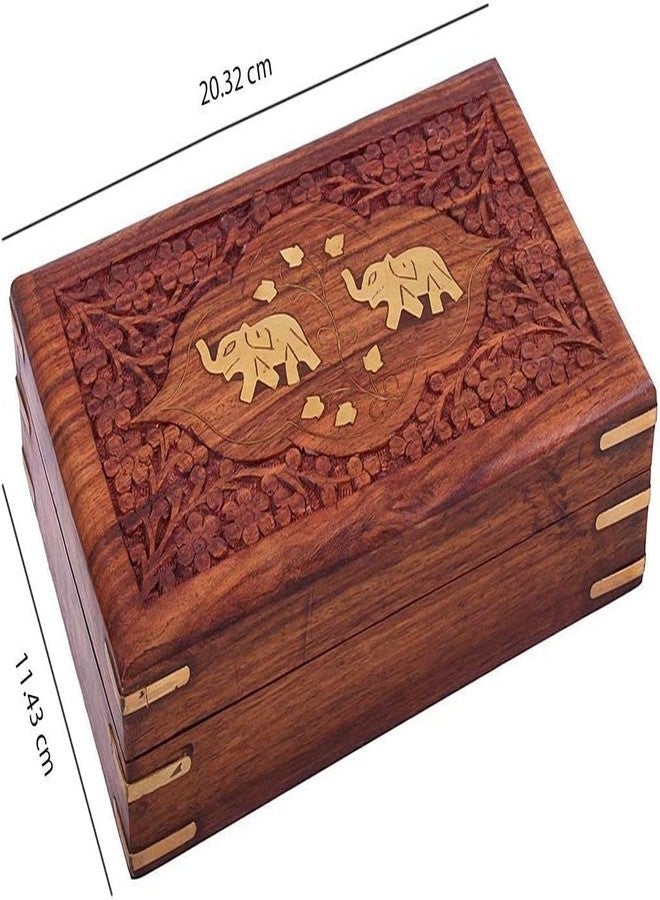 GURU JEE™ Indian Jewelry Holder Elephant Carving Wooden Jewellery Box With Brass Inlay Wooden Trinket Box Wood Jewelry Organizer Keepsake Box Treasure Chest Trinket Holder Storage Box - Image 4