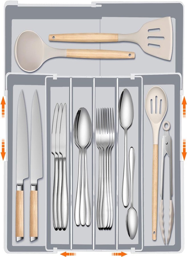Spaclear Silverware Organizer for drawer - Adjustable Kitchen Drawer Organizer Utensil Drawer Organizer, Expandable Silverware Tray for Drawer Utensil Organizer for Forks, Knives, Grey - Image 1