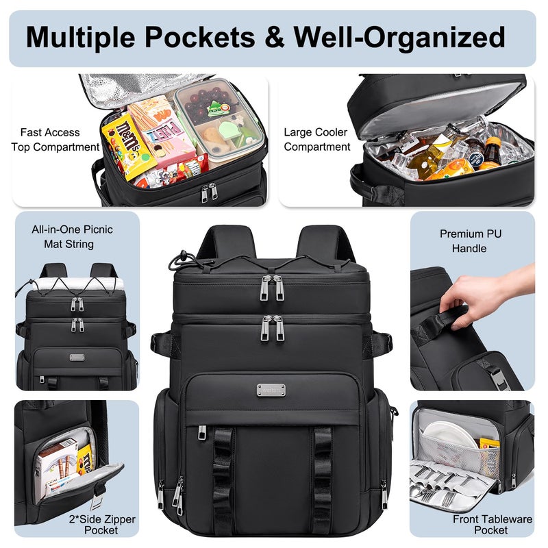 Weitars Insulated Cooler Backpack,Double Deck Waterproof Soft Cooler Bag,Backpack Coolers Leak Proof Lunch Backpack for Men Women for Travel,Camping,Picnic,Beach,Picnic,Outdoor 31L/52 Can (Black) - Image 2