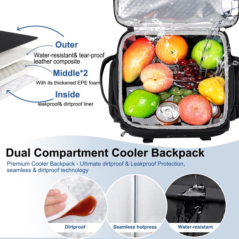 Weitars Insulated Cooler Backpack,Double Deck Waterproof Soft Cooler Bag,Backpack Coolers Leak Proof Lunch Backpack for Men Women for Travel,Camping,Picnic,Beach,Picnic,Outdoor 31L/52 Can (Black) - Image 4