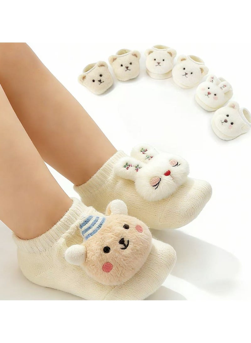 baby boat socks two pairs blue hat rice bear + cherry rabbit baby spring and autumn three-dimensional cartoon non-slip floor socks newborn doll socks，Just like shoes, it can be worn outdoors. - Image 1