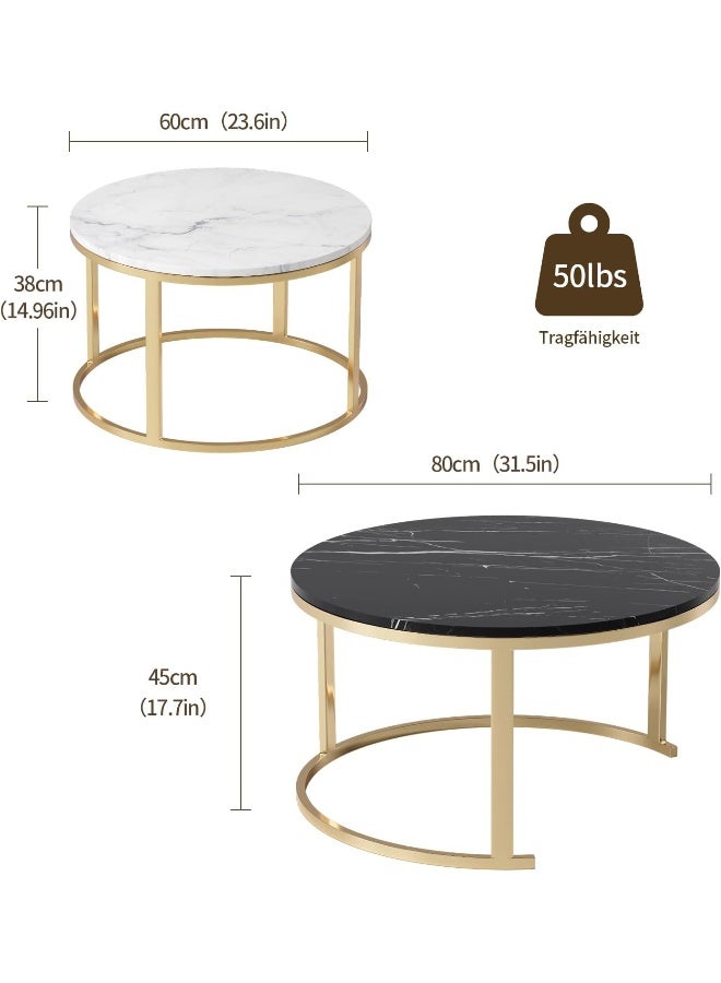 HRT WALL Coffee Table, Set of 2, 80 cm Round and Marble Pattern Wooden Tables with Metal Frame Base  - Image 2