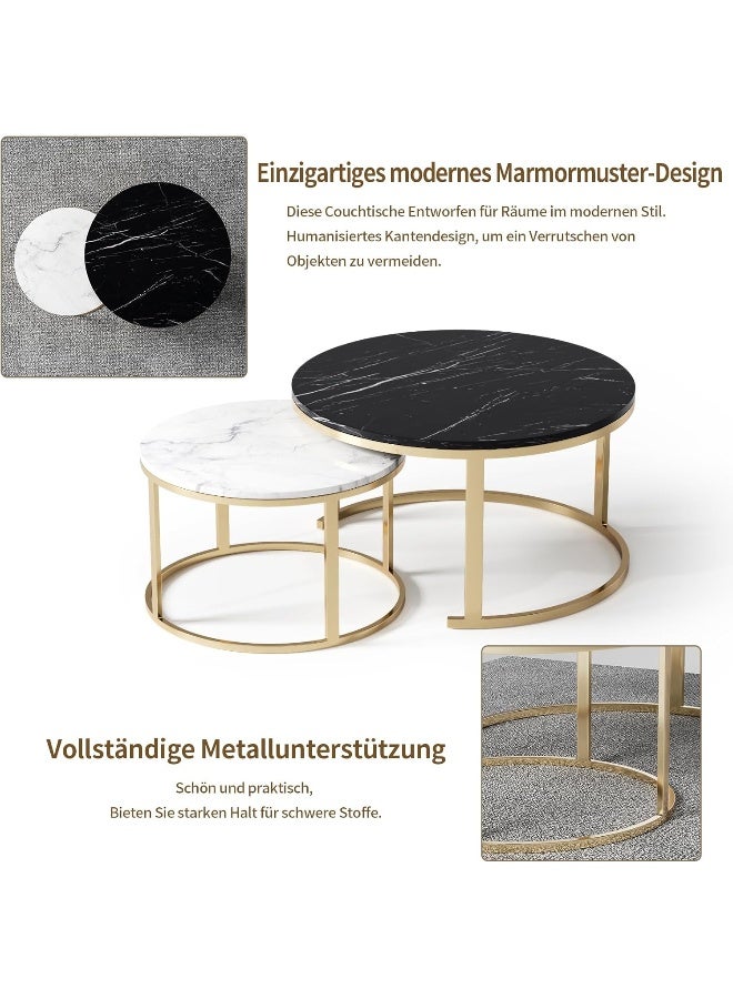 HRT WALL Coffee Table, Set of 2, 80 cm Round and Marble Pattern Wooden Tables with Metal Frame Base  - Image 3