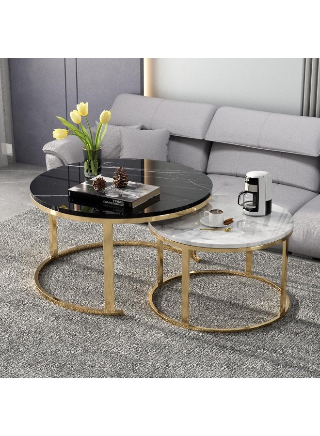 HRT WALL Coffee Table, Set of 2, 80 cm Round and Marble Pattern Wooden Tables with Metal Frame Base  - Image 1