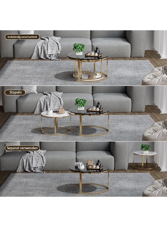 HRT WALL Coffee Table, Set of 2, 80 cm Round and Marble Pattern Wooden Tables with Metal Frame Base  - Image 4