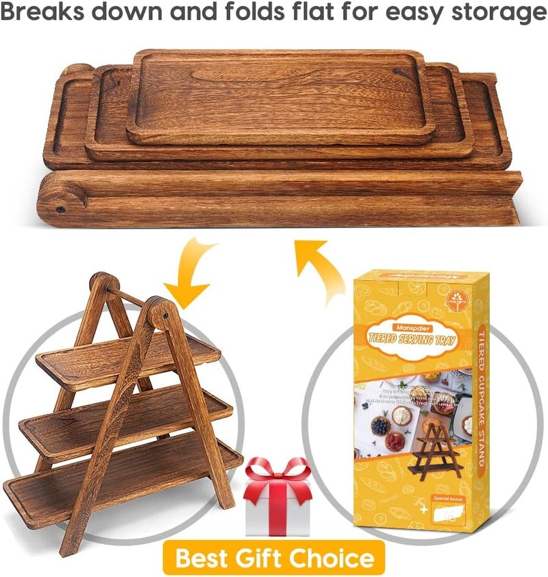 Manspdier Heat resistant Wood 3 Tier Serving Tray, Rectangle Platter, Farmhouse Cupcake Stand, Rustic Vintage Party Dishes for Entertaining Consistent single item quality - Image 5