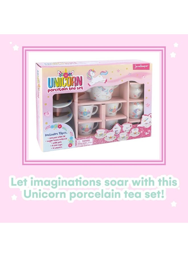 JewelKeeper Porcelain Tea Set for Girls - Pink Ceramic Tea Cups with Pink Box - Tea Glass Toy for Kids and Girls Tea Party - Ideal Gift for Toddlers and Children's Ages 3 Years Old - Unicorn Design, 13 Pieces - Image 2